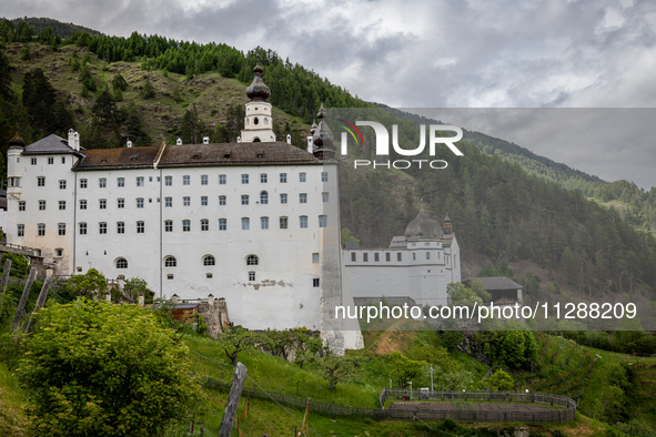 A general view of the Benedictine Abbey of Monte Maria (Marienberg Abbey) in Val Venosta valley, near Bolzano, Italy, on May 23, 2024. It ha...