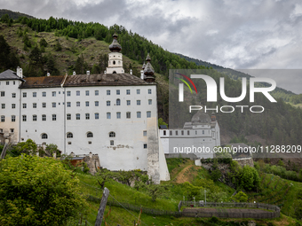 A general view of the Benedictine Abbey of Monte Maria (Marienberg Abbey) in Val Venosta valley, near Bolzano, Italy, on May 23, 2024. It ha...