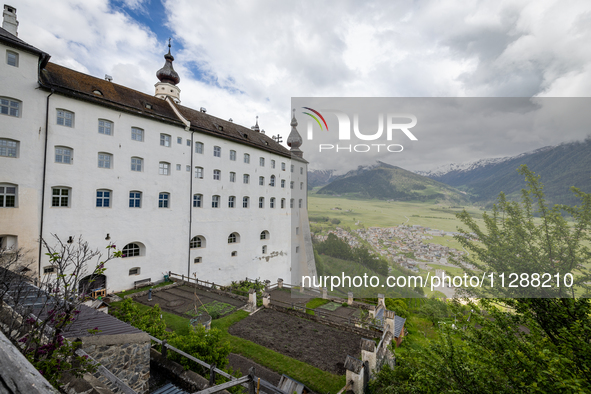 A general view of the Benedictine Abbey of Monte Maria (Marienberg Abbey) in Val Venosta valley, near Bolzano, Italy, on May 23, 2024. It ha...