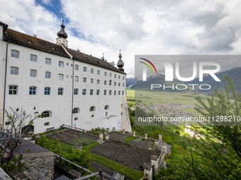 A general view of the Benedictine Abbey of Monte Maria (Marienberg Abbey) in Val Venosta valley, near Bolzano, Italy, on May 23, 2024. It ha...