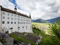 A general view of the Benedictine Abbey of Monte Maria (Marienberg Abbey) in Val Venosta valley, near Bolzano, Italy, on May 23, 2024. It ha...