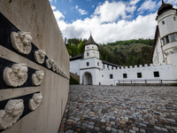 A general view of the Benedictine Abbey of Monte Maria (Marienberg Abbey) in Val Venosta valley, near Bolzano, Italy, on May 23, 2024. It ha...