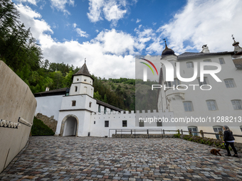 A general view of the Benedictine Abbey of Monte Maria (Marienberg Abbey) in Val Venosta valley, near Bolzano, Italy, on May 23, 2024. It ha...