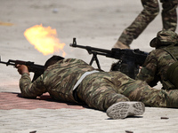 Military training exercises during the graduation ceremony of the Major General Mohammed Al-Faris course in Afrin countryside, northwest Syr...