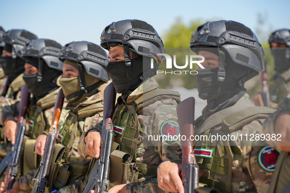 Military training exercises during the graduation ceremony of the Major General Mohammed Al-Faris course in Afrin countryside, northwest Syr...