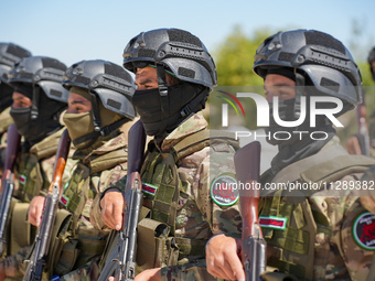 Military training exercises during the graduation ceremony of the Major General Mohammed Al-Faris course in Afrin countryside, northwest Syr...