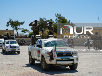 Military training exercises during the graduation ceremony of the Major General Mohammed Al-Faris course in Afrin countryside, northwest Syr...