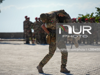 Military training exercises during the graduation ceremony of the Major General Mohammed Al-Faris course in Afrin countryside, northwest Syr...