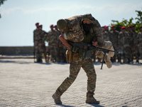 Military training exercises during the graduation ceremony of the Major General Mohammed Al-Faris course in Afrin countryside, northwest Syr...