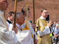 Metropolitan Archbishop of Krakow Marek Jedraszeski is walking through the city streets during the Corpus Christi procession in Krakow, Pola...