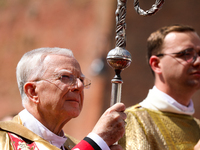 Metropolitan Archbishop of Krakow Marek Jedraszeski is walking through the city streets during the Corpus Christi procession in Krakow, Pola...