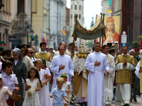 The Corpus Christi procession is walking through the city streets in Krakow, Poland, on May 30, 2024. The Solemnity of the Most Holy Body an...