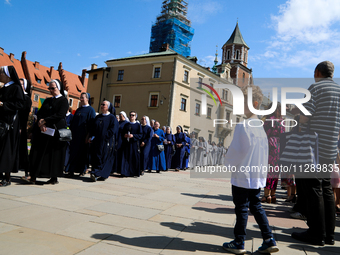 The Corpus Christi procession is walking through the city streets in Krakow, Poland, on May 30, 2024. The Solemnity of the Most Holy Body an...