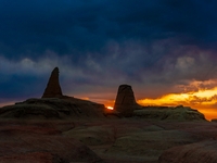 The Yadan landform landscape of the Devil City scenic area in the desert Gobi is being seen at sunset after strong winds in Karamay, China,...