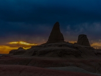 The Yadan landform landscape of the Devil City scenic area in the desert Gobi is being seen at sunset after strong winds in Karamay, China,...