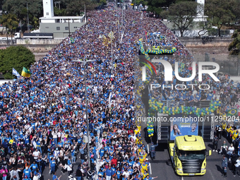 Faithful are participating in the 32nd March for Jesus promoted by the Renascer em Cristo Church in the Central region of Sao Paulo, on Thur...