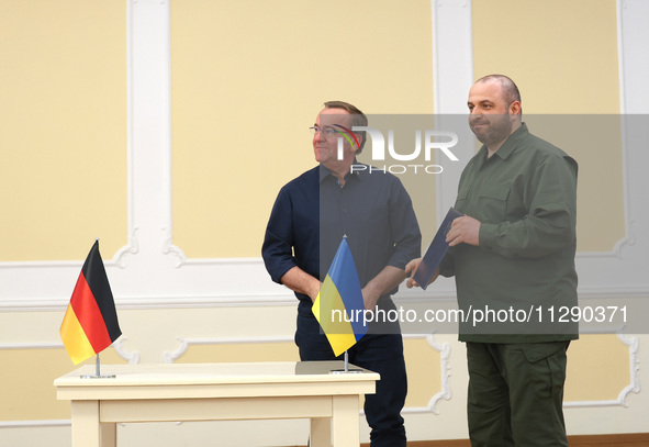 Minister of Defence of Ukraine Rustem Umerov and Federal Minister of Defence of the Federal Republic of Germany Boris Pistorius are holding...