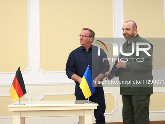 Minister of Defence of Ukraine Rustem Umerov and Federal Minister of Defence of the Federal Republic of Germany Boris Pistorius are holding...