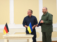 Minister of Defence of Ukraine Rustem Umerov and Federal Minister of Defence of the Federal Republic of Germany Boris Pistorius are holding...