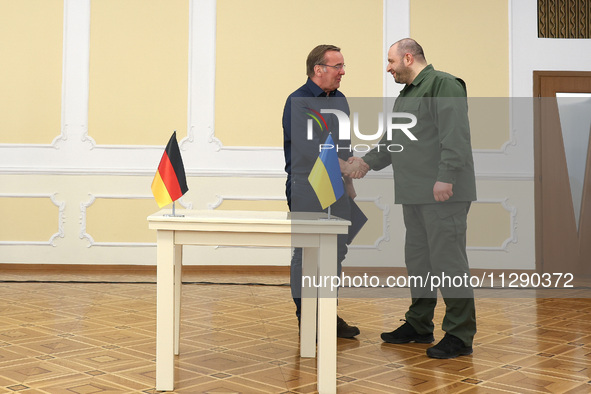 Minister of Defence of Ukraine Rustem Umerov and Federal Minister of Defence of the Federal Republic of Germany Boris Pistorius are holding...