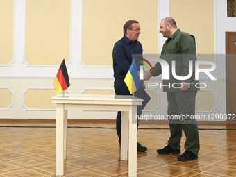 Minister of Defence of Ukraine Rustem Umerov and Federal Minister of Defence of the Federal Republic of Germany Boris Pistorius are holding...