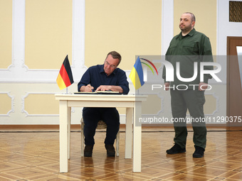 Minister of Defence of Ukraine Rustem Umerov and Federal Minister of Defence of the Federal Republic of Germany Boris Pistorius are holding...