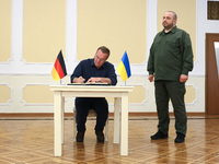 Minister of Defence of Ukraine Rustem Umerov and Federal Minister of Defence of the Federal Republic of Germany Boris Pistorius are holding...