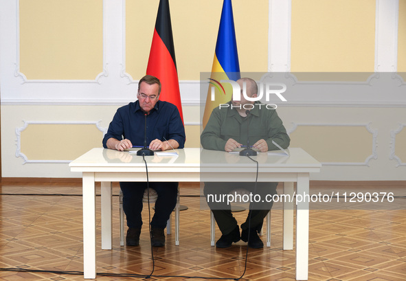 Minister of Defence of Ukraine Rustem Umerov and Federal Minister of Defence of the Federal Republic of Germany Boris Pistorius are holding...