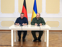 Minister of Defence of Ukraine Rustem Umerov and Federal Minister of Defence of the Federal Republic of Germany Boris Pistorius are holding...