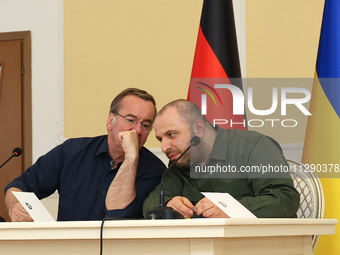 Minister of Defence of Ukraine Rustem Umerov and Federal Minister of Defence of the Federal Republic of Germany Boris Pistorius are holding...