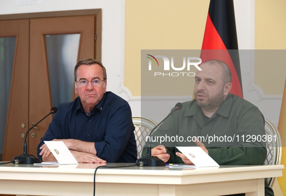 Minister of Defence of Ukraine Rustem Umerov and Federal Minister of Defence of the Federal Republic of Germany Boris Pistorius are holding...