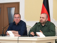 Minister of Defence of Ukraine Rustem Umerov and Federal Minister of Defence of the Federal Republic of Germany Boris Pistorius are holding...