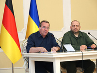 Minister of Defence of Ukraine Rustem Umerov and Federal Minister of Defence of the Federal Republic of Germany Boris Pistorius are holding...