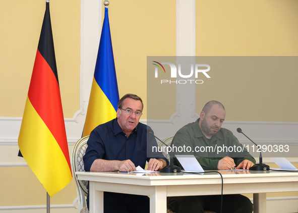 Minister of Defence of Ukraine Rustem Umerov and Federal Minister of Defence of the Federal Republic of Germany Boris Pistorius are holding...