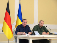 Minister of Defence of Ukraine Rustem Umerov and Federal Minister of Defence of the Federal Republic of Germany Boris Pistorius are holding...