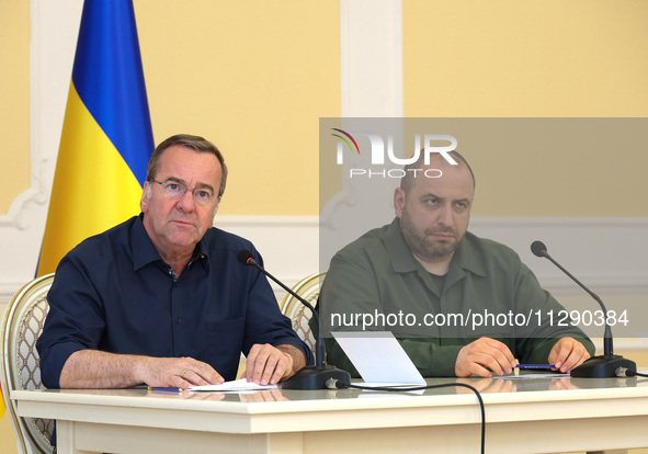 Minister of Defence of Ukraine Rustem Umerov and Federal Minister of Defence of the Federal Republic of Germany Boris Pistorius are holding...