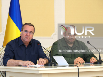 Minister of Defence of Ukraine Rustem Umerov and Federal Minister of Defence of the Federal Republic of Germany Boris Pistorius are holding...