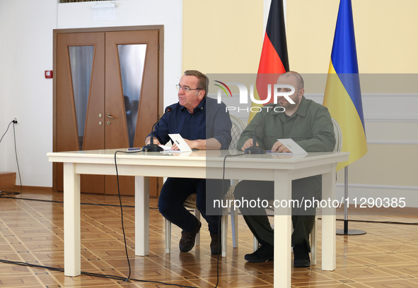 Minister of Defence of Ukraine Rustem Umerov and Federal Minister of Defence of the Federal Republic of Germany Boris Pistorius are holding...