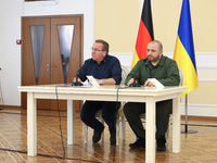 Minister of Defence of Ukraine Rustem Umerov and Federal Minister of Defence of the Federal Republic of Germany Boris Pistorius are holding...