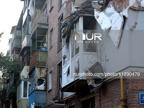 A block of flats is being damaged by the overnight Russian missile attack in the Novobavarskyi district of Kharkiv, northeastern Ukraine, on...