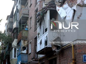 A block of flats is being damaged by the overnight Russian missile attack in the Novobavarskyi district of Kharkiv, northeastern Ukraine, on...