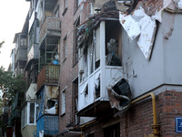 A block of flats is being damaged by the overnight Russian missile attack in the Novobavarskyi district of Kharkiv, northeastern Ukraine, on...