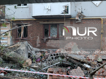 A block of flats is being damaged by the overnight Russian missile attack in the Novobavarskyi district of Kharkiv, northeastern Ukraine, on...