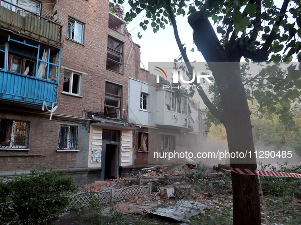 A block of flats is being damaged by the overnight Russian missile attack in the Novobavarskyi district of Kharkiv, northeastern Ukraine, on...