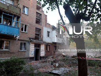 A block of flats is being damaged by the overnight Russian missile attack in the Novobavarskyi district of Kharkiv, northeastern Ukraine, on...