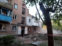 A block of flats is being damaged by the overnight Russian missile attack in the Novobavarskyi district of Kharkiv, northeastern Ukraine, on...