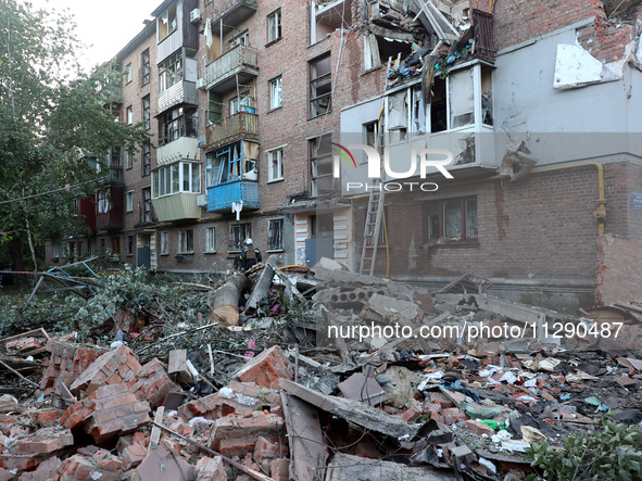 A block of flats is being damaged by the overnight Russian missile attack in the Novobavarskyi district of Kharkiv, northeastern Ukraine, on...