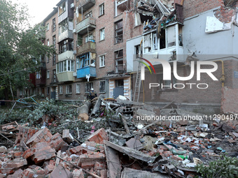 A block of flats is being damaged by the overnight Russian missile attack in the Novobavarskyi district of Kharkiv, northeastern Ukraine, on...