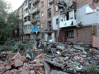 A block of flats is being damaged by the overnight Russian missile attack in the Novobavarskyi district of Kharkiv, northeastern Ukraine, on...