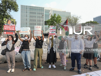 Indonesian Pro-Palestine Muslims are holding a rally in front of the US Embassy in Jakarta, Indonesia, on May 31, 2024.  (